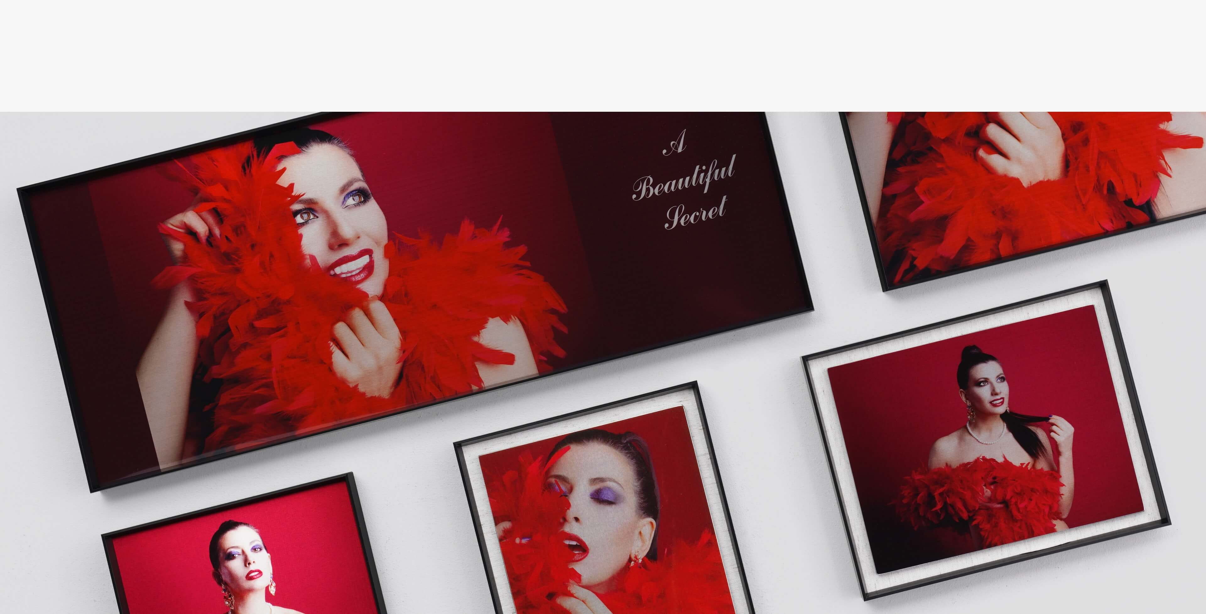 five framed metal prints showing woman with red feather outfit